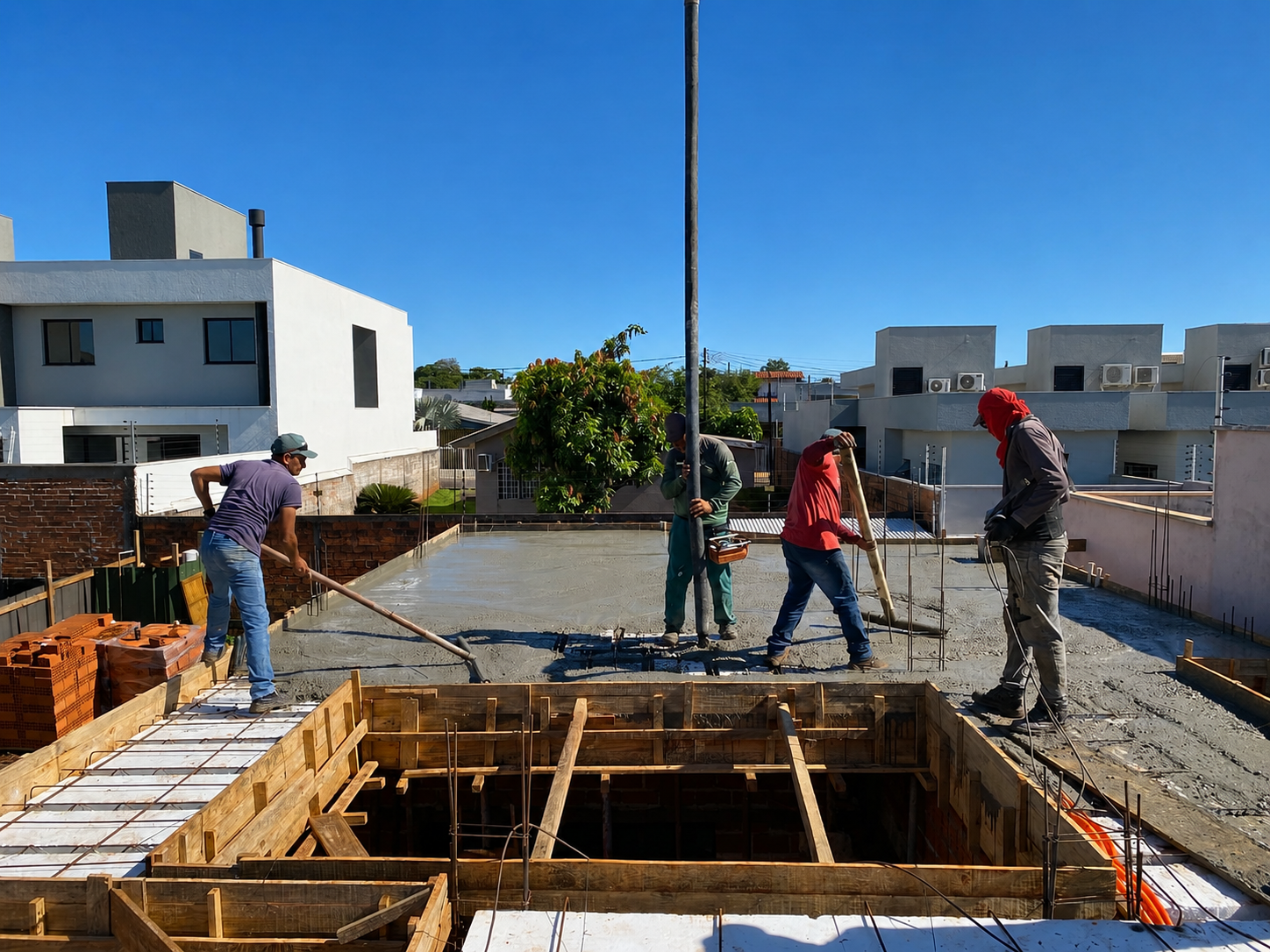 Execução de obra com equipe em concretagem